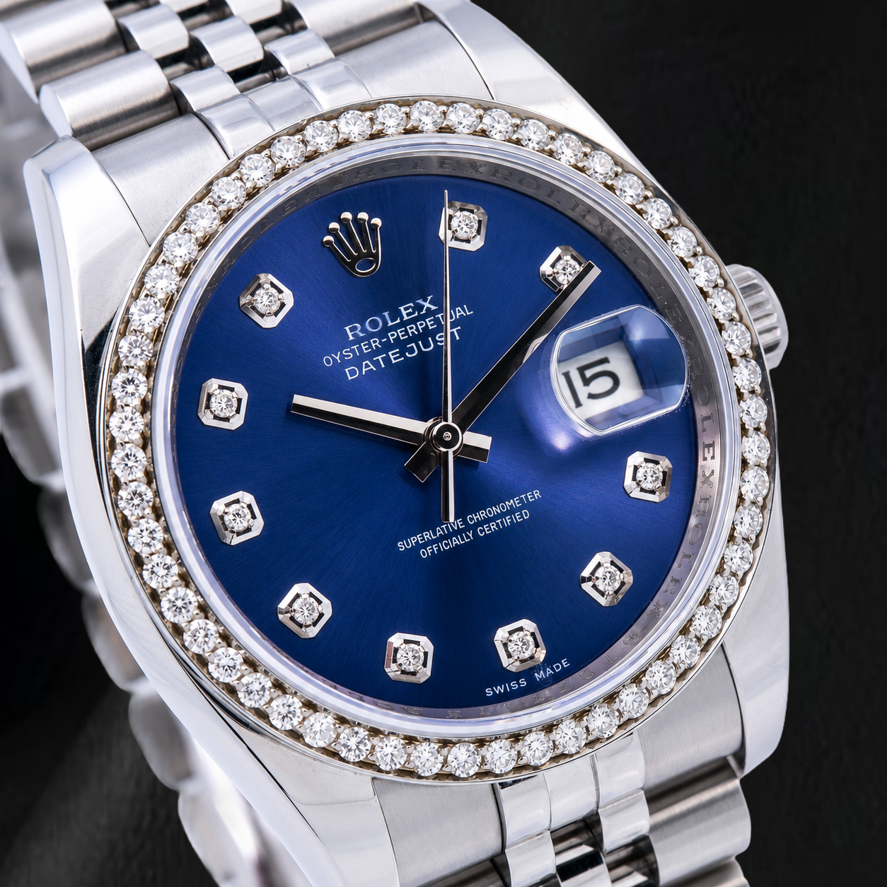 Rolex 16200 Datejust Orologio 36 mm in Acciaio Inossidabile con Quadrante Blu con Diamanti