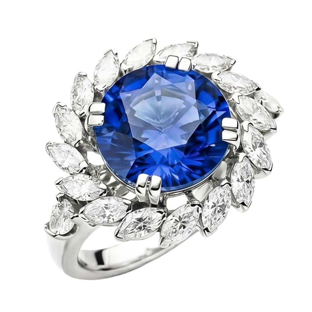 8,25 carati. Anello con zaffiro grande dello Sri Lanka e diamanti marquise