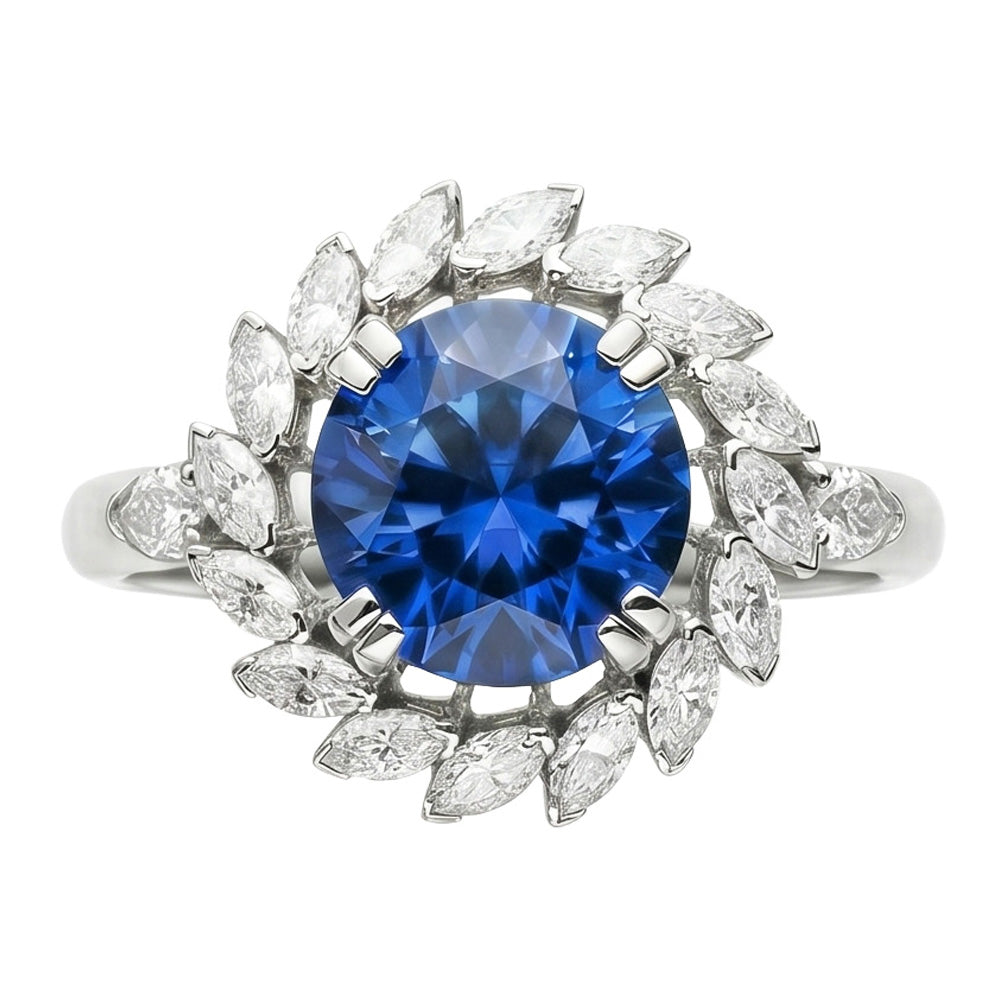 8,25 carati. Anello con zaffiro grande dello Sri Lanka e diamanti marquise