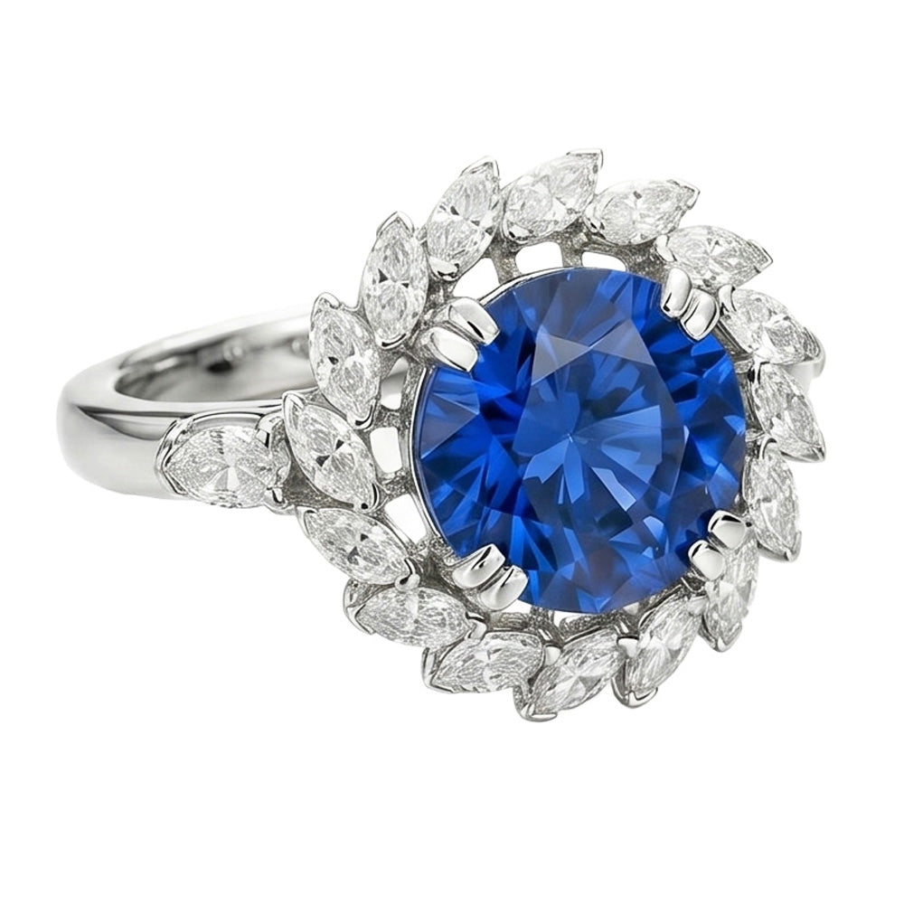 8,25 carati. Anello con zaffiro grande dello Sri Lanka e diamanti marquise