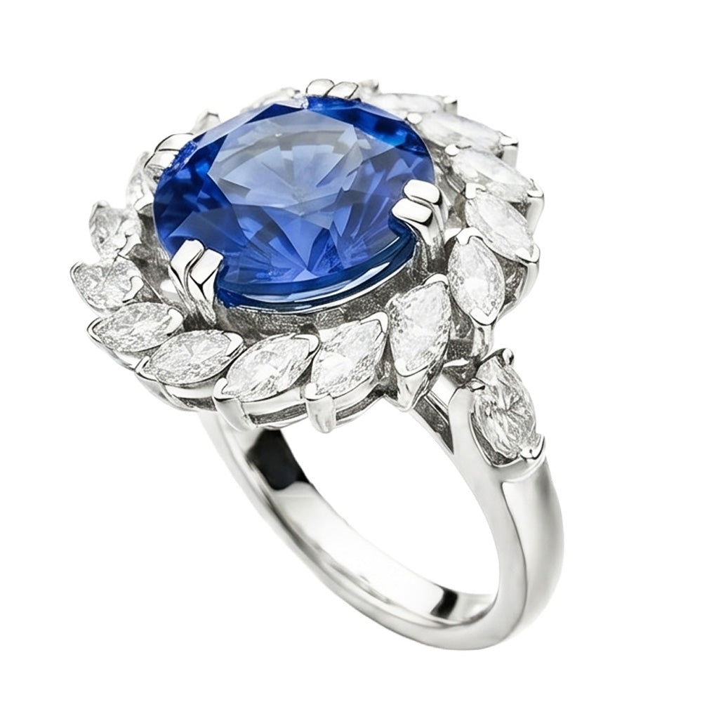 8,25 carati. Anello con zaffiro grande dello Sri Lanka e diamanti marquise