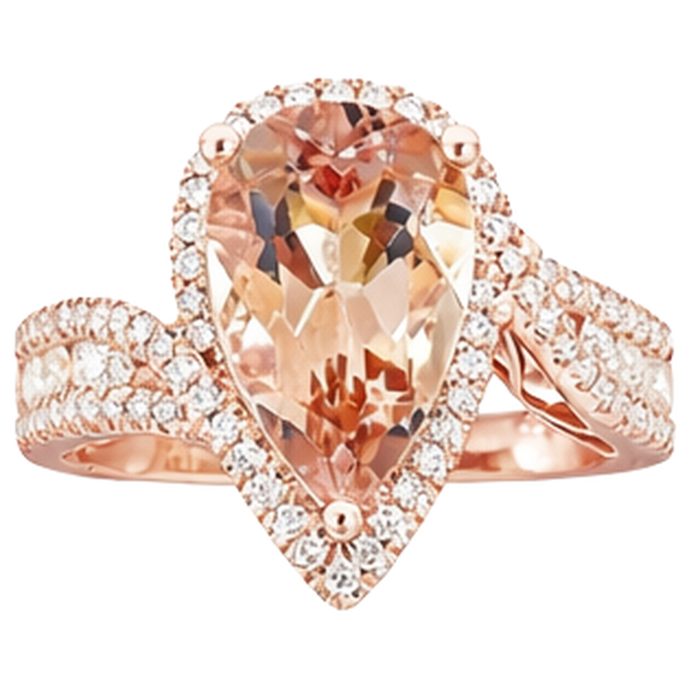 9 carati pera Morganite con diamanti rotondi Anello 14K Rose Gold