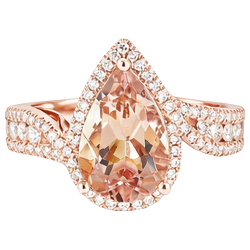 9 carati pera Morganite con diamanti rotondi Anello 14K Rose Gold