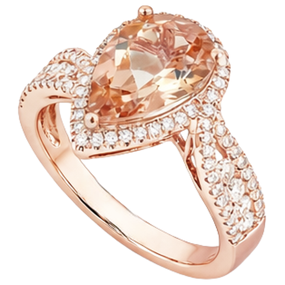 9 carati pera Morganite con diamanti rotondi Anello 14K Rose Gold