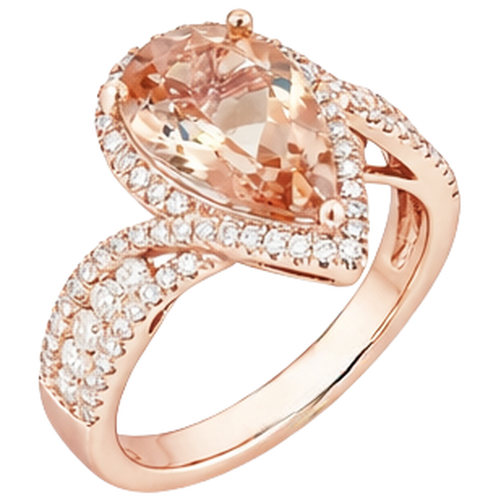 9 carati pera Morganite con diamanti rotondi Anello 14K Rose Gold