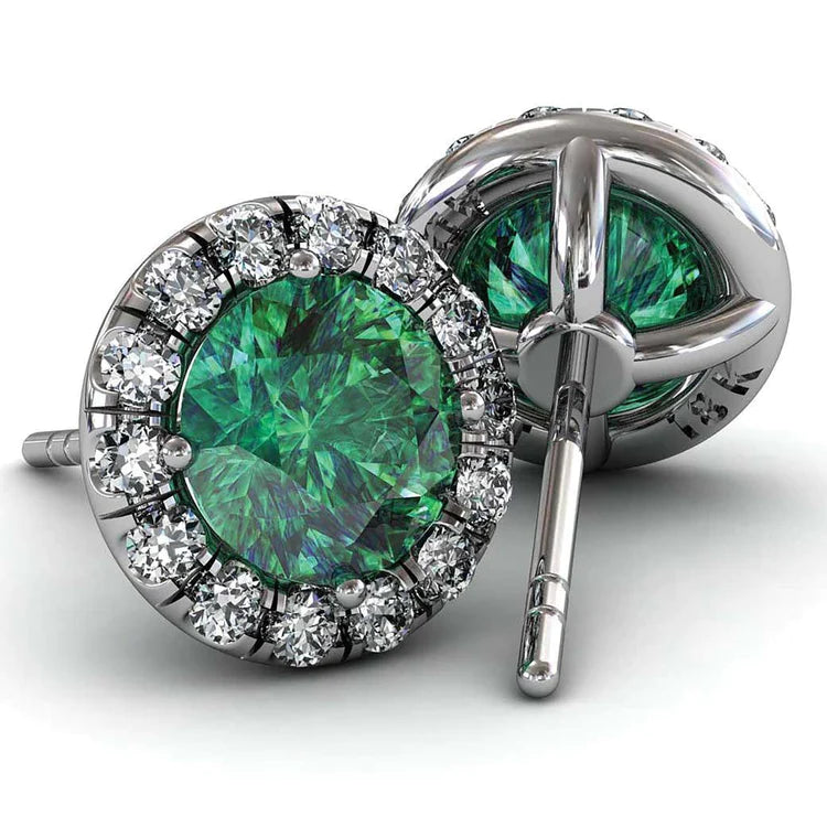 9.50 carati Verde smeraldo con diamanti aureola orecchino oro bianco 14K