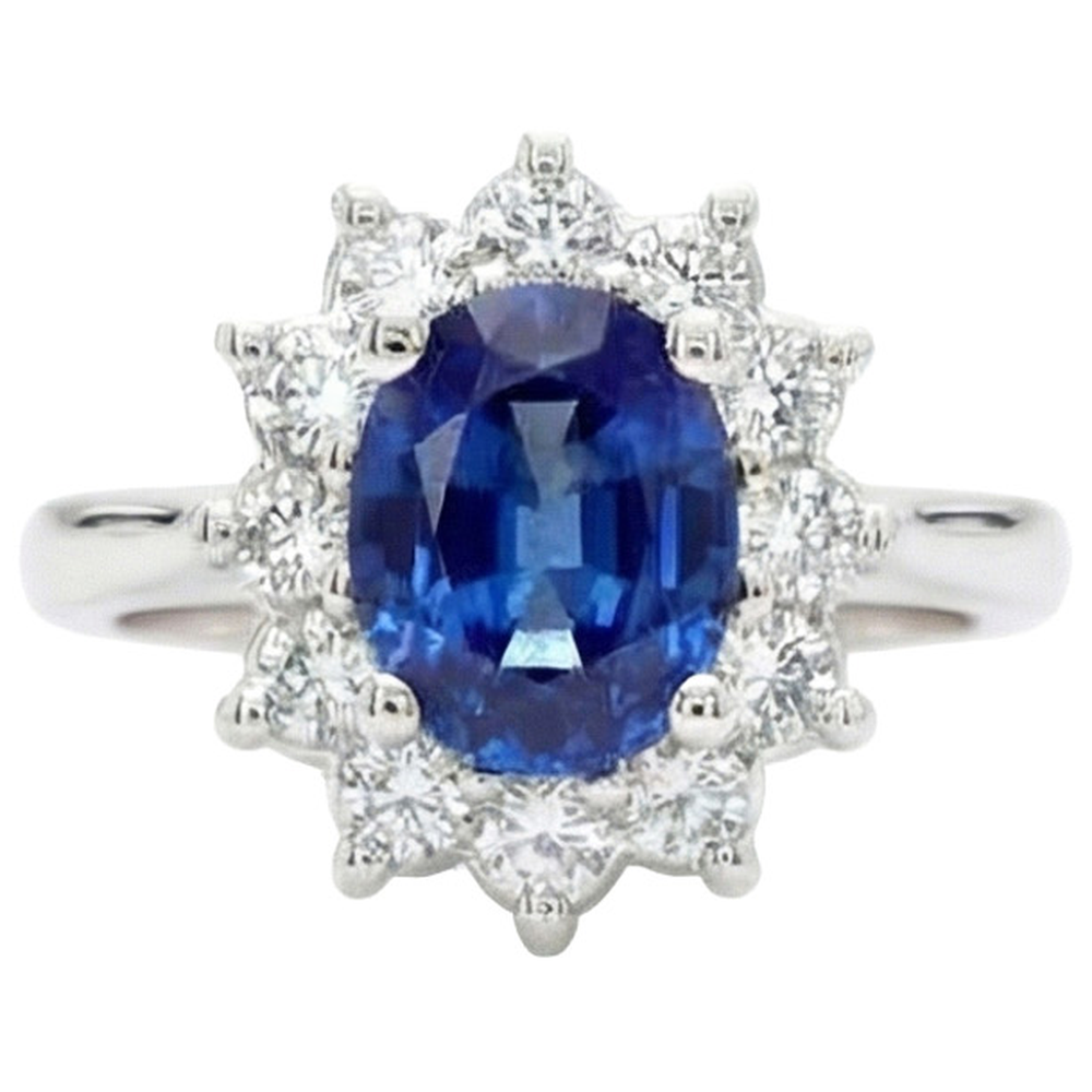 A forma di fiore con zaffiro blu da 3,60 carati e diamante in oro bianco 14K