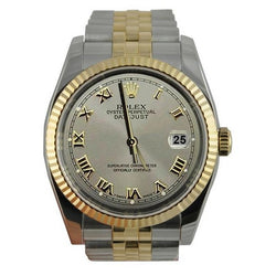 Acciaio inossidabile e quadrante grigio romano in oro Orologio da uomo Datejust Rolex Lunetta scanalata SET RAPIDO