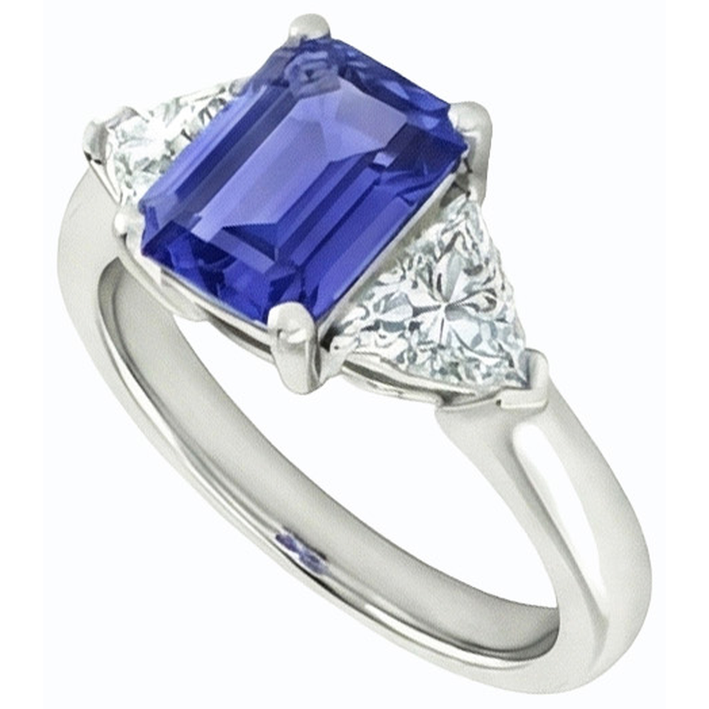 Anello 2 carati zaffiro blu e diamanti 3 pietre di smeraldo in oro bianco 14K