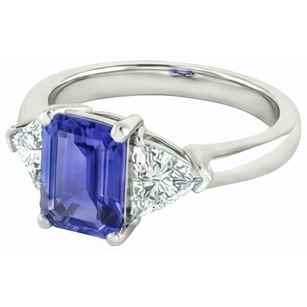 Anello 2 carati zaffiro blu e diamanti 3 pietre di smeraldo in oro bianco 14K