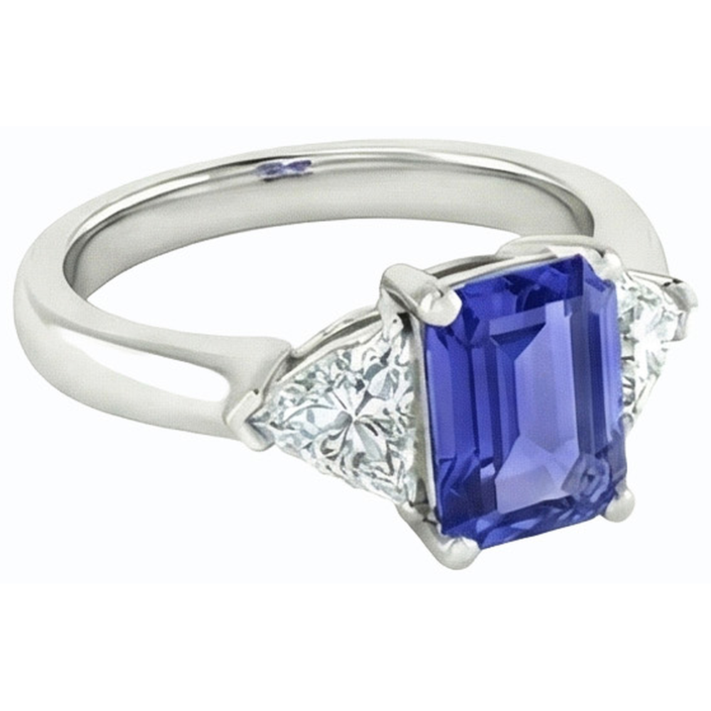 Anello 2 carati zaffiro blu e diamanti 3 pietre di smeraldo in oro bianco 14K