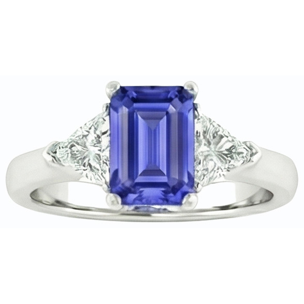 Anello 2 carati zaffiro blu e diamanti 3 pietre di smeraldo in oro bianco 14K