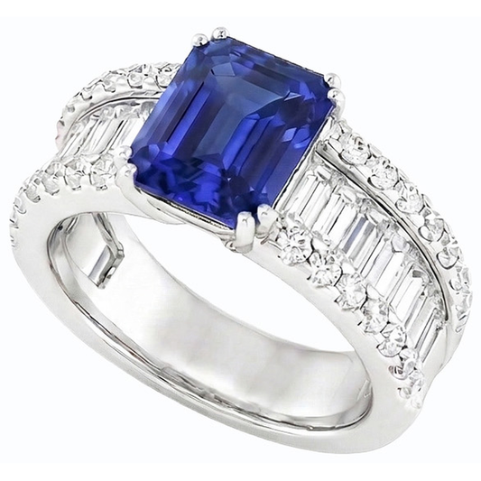 Anello 3.50 carati brillante zaffiro blu diamante incastonato canale baguettes
