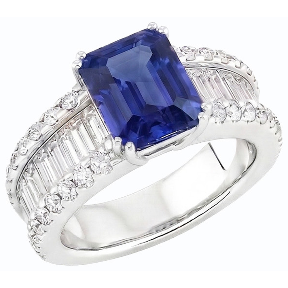 Anello 3.50 carati brillante zaffiro blu diamante incastonato canale baguettes