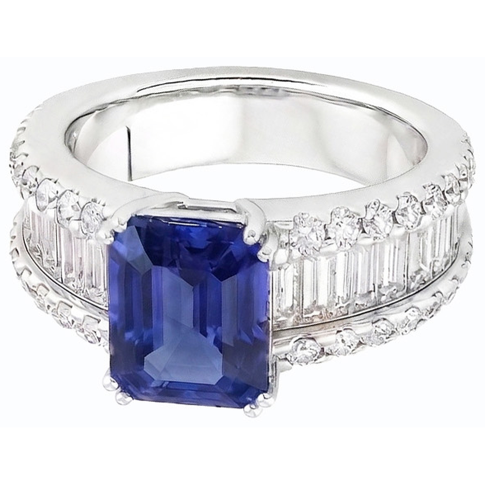 Anello 3.50 carati brillante zaffiro blu diamante incastonato canale baguettes