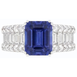 Anello 3.50 carati brillante zaffiro blu diamante incastonato canale baguettes
