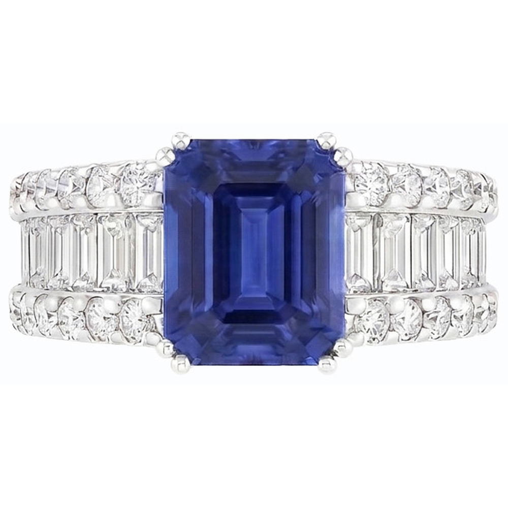 Anello 3.50 carati brillante zaffiro blu diamante incastonato canale baguettes