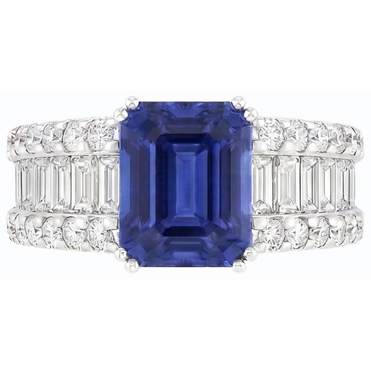 Anello 3.50 carati brillante zaffiro blu diamante incastonato canale baguettes