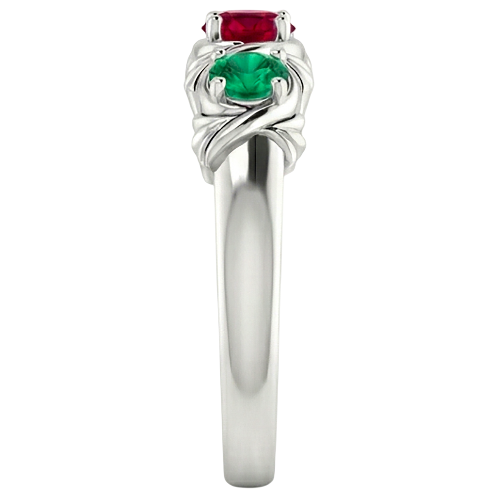 Anello 3 Pietre 0.60 Carati Stile Antico Rubino Smeraldo con Oro Bianco 14K
