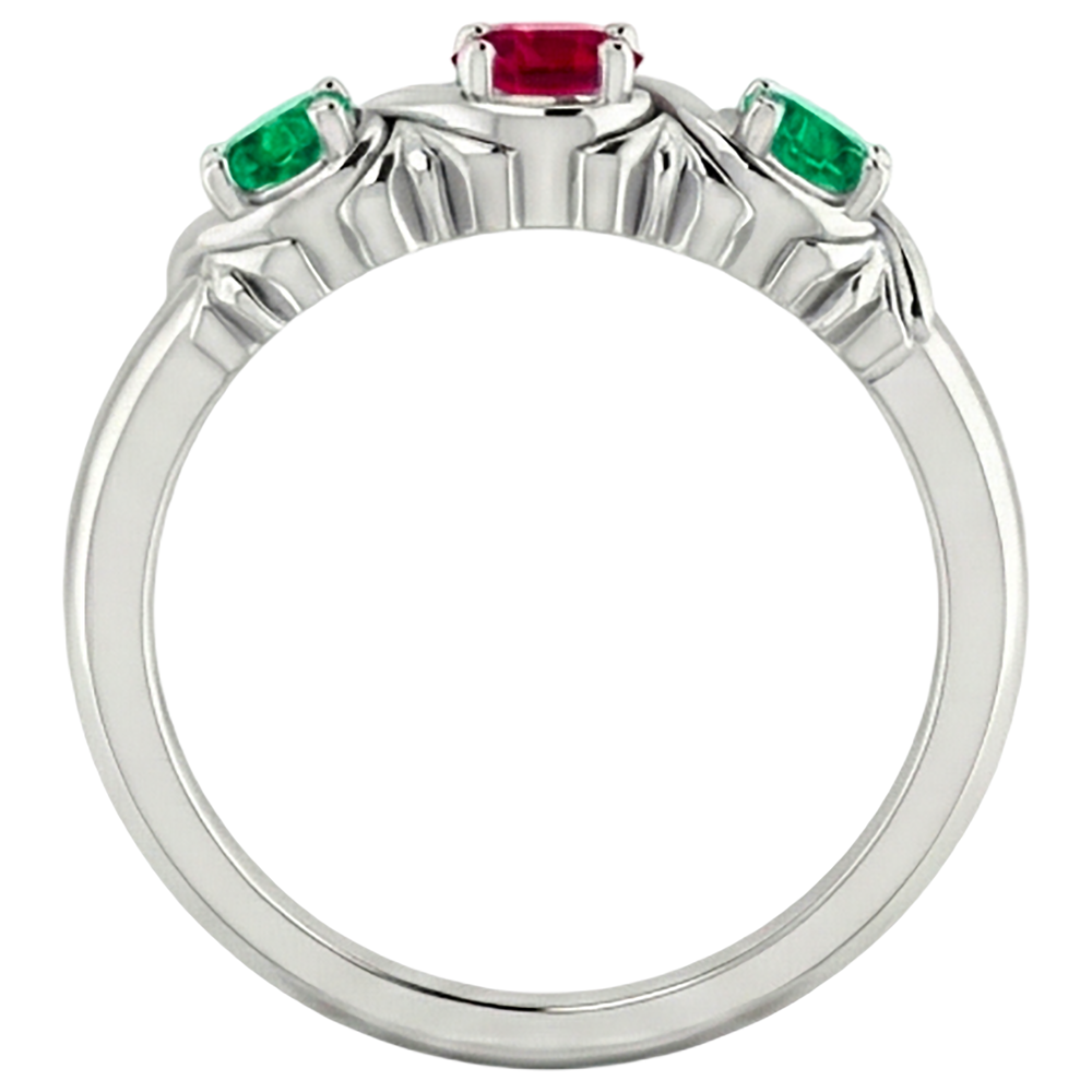 Anello 3 Pietre 0.60 Carati Stile Antico Rubino Smeraldo con Oro Bianco 14K