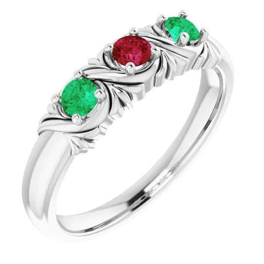 Anello 3 Pietre 0.60 Carati Stile Antico Rubino Smeraldo con Oro Bianco 