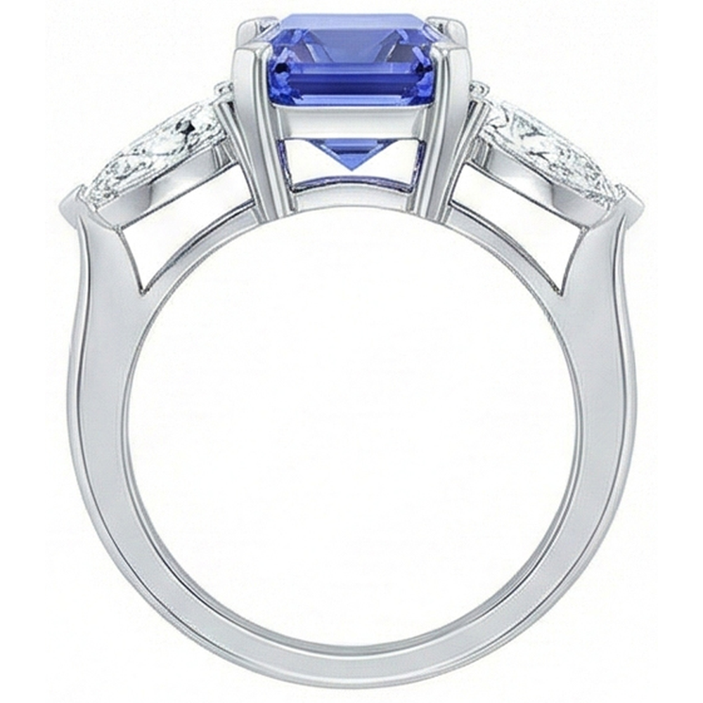 Anello 3 Pietre Cattedrale Incastonatura Pera Diamante Naturale Autentico ( non creato in laboratorio ) Zaffiro Oro Bianco