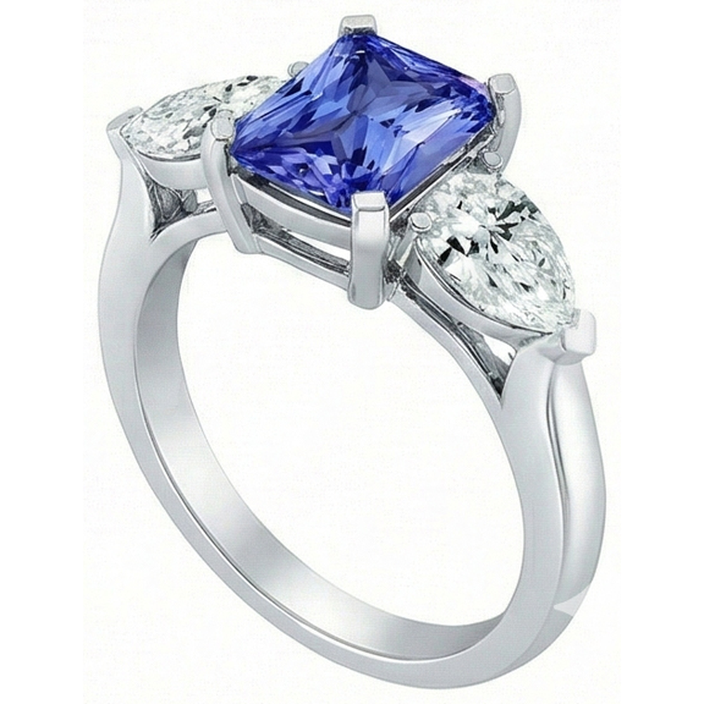 Anello 3 Pietre Cattedrale Incastonatura Pera Diamante Naturale Autentico ( non creato in laboratorio ) Zaffiro Oro Bianco