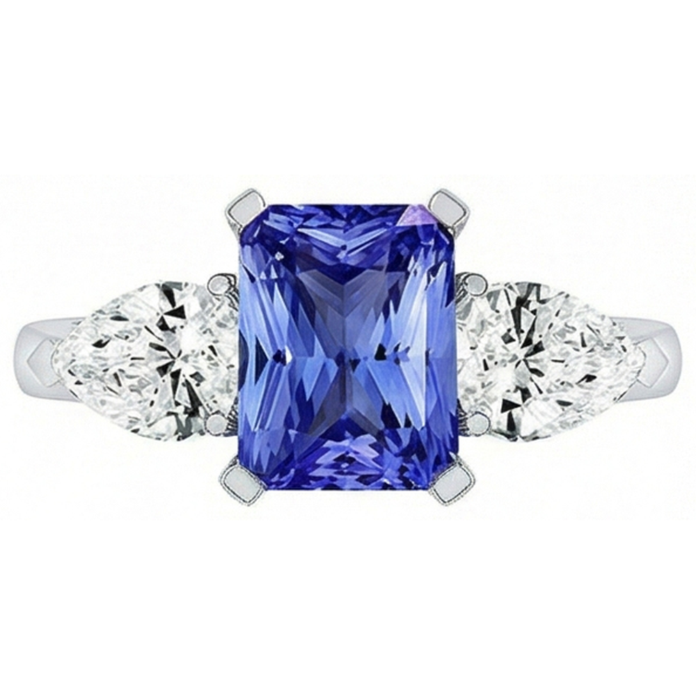 Anello 3 Pietre Cattedrale Incastonatura Pera Diamante Naturale Autentico ( non creato in laboratorio ) Zaffiro Oro Bianco