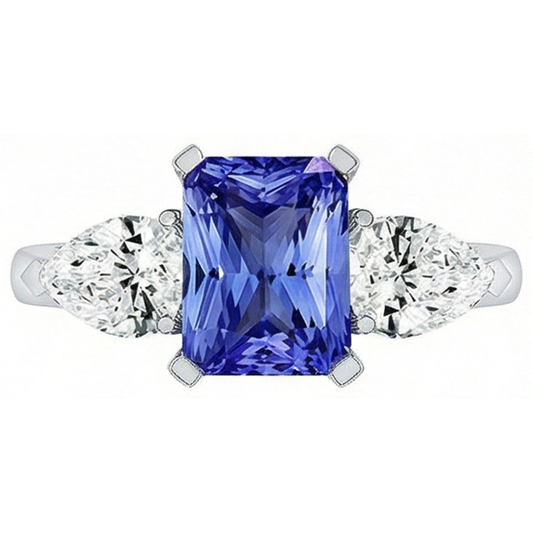 Anello 3 Pietre Cattedrale Incastonatura Pera Diamante Naturale Autentico ( non creato in laboratorio ) Zaffiro Oro Bianco