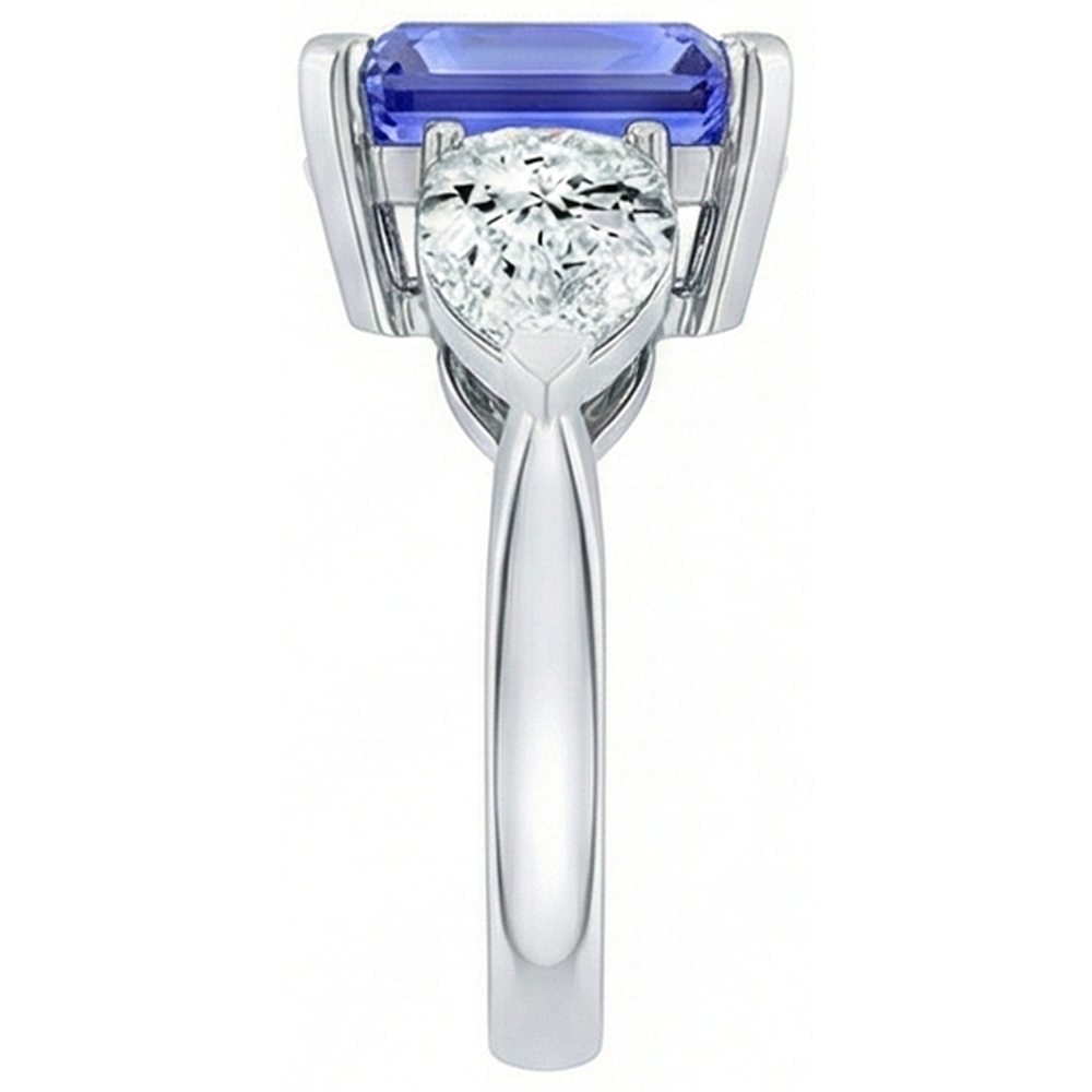 Anello 3 Pietre Cattedrale Incastonatura Pera Diamante Naturale Autentico ( non creato in laboratorio ) Zaffiro Oro Bianco