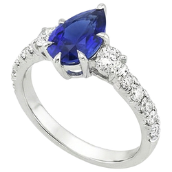 Anello 3 Pietre Con Accenti Zaffiro Blu Pera & Diamanti 3.50 Carati
