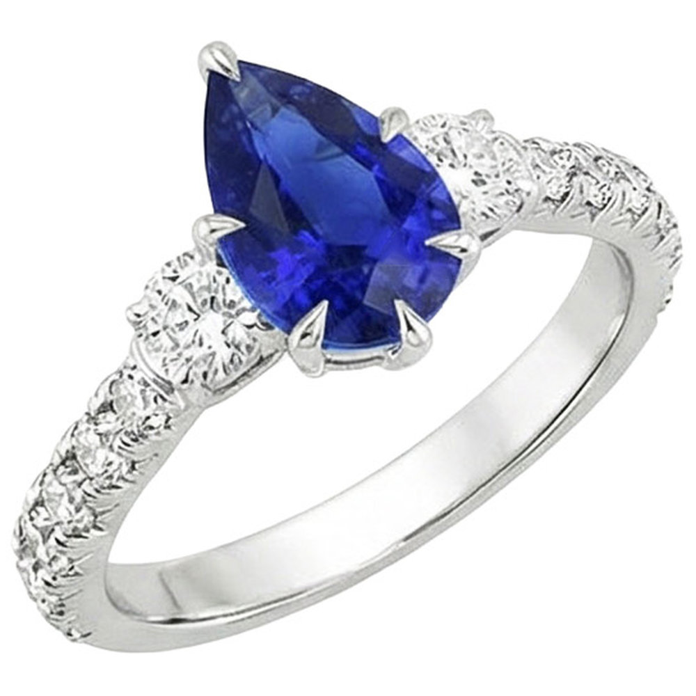 Anello 3 Pietre Con Accenti Zaffiro Blu Pera & Diamanti 3.50 Carati