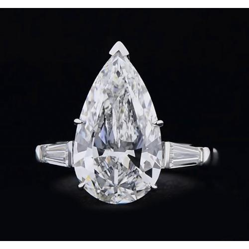 Anello 3 Pietre Con Genuino Diamanti 3.50 Carati Centro Pera Oro Bianco 14K