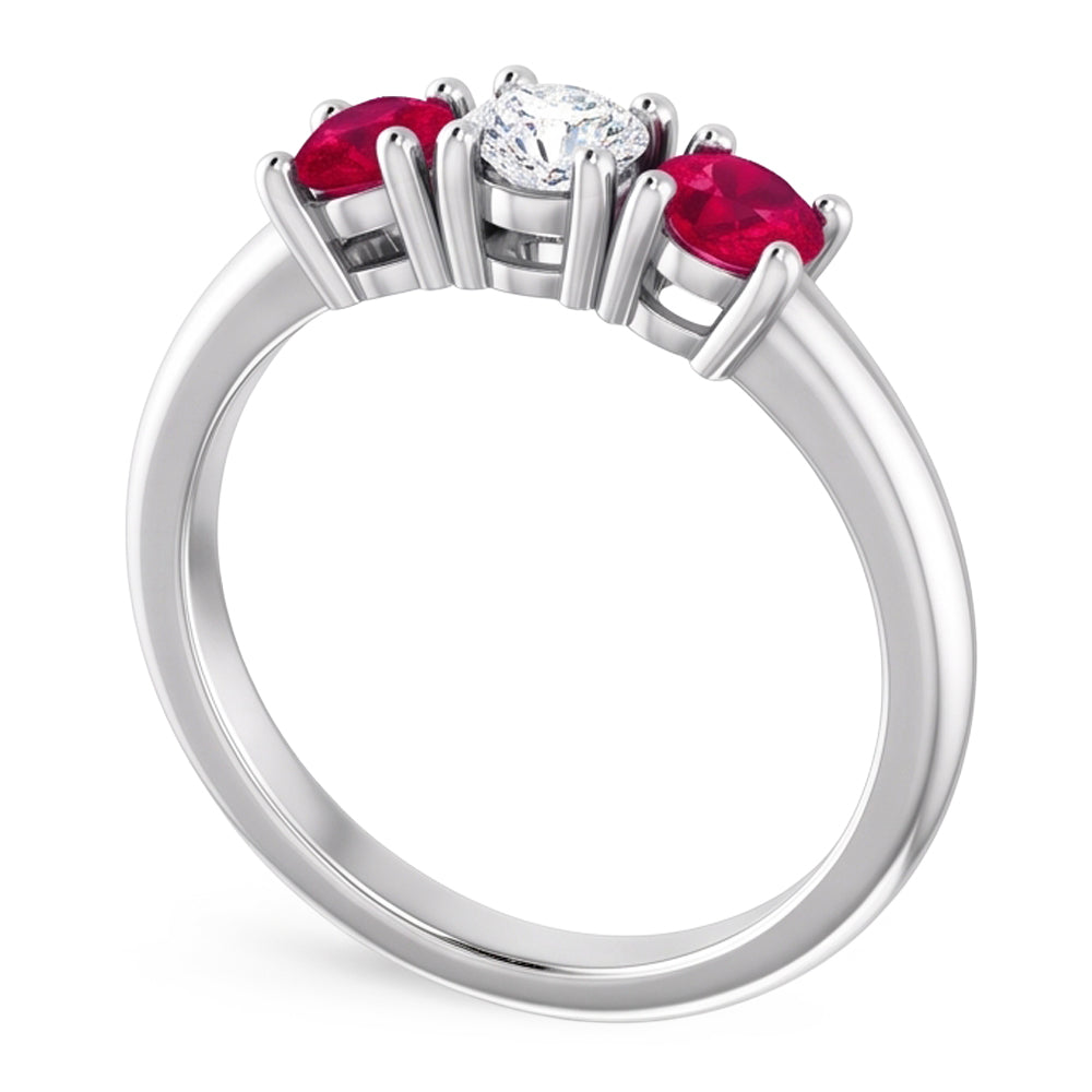 Anello 3 Pietre Diamante Rotondo Rubino 0.60 Carati Oro Bianco 14K