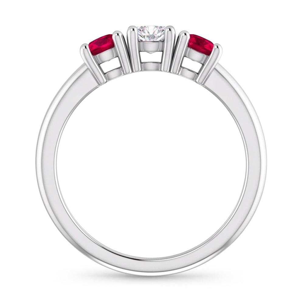 Anello 3 Pietre Diamante Rotondo Rubino 0.60 Carati Oro Bianco 14K