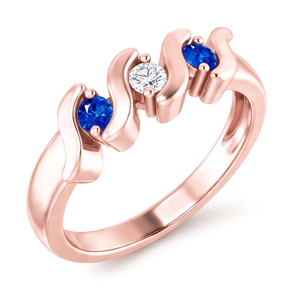 Anello 3 Pietre Diamante Zaffiro Blu 0.90 Carati Oro Rosa 14K