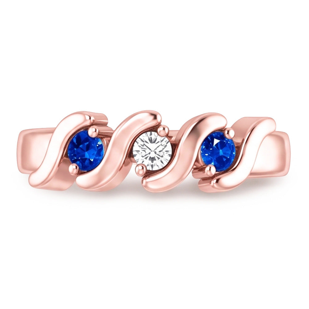 Anello 3 Pietre Diamante Zaffiro Blu 0.90 Carati Oro Rosa 14K