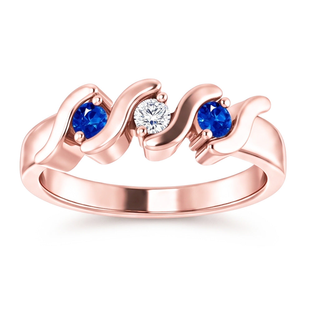 Anello 3 Pietre Diamante Zaffiro Blu 0.90 Carati Oro Rosa 14K