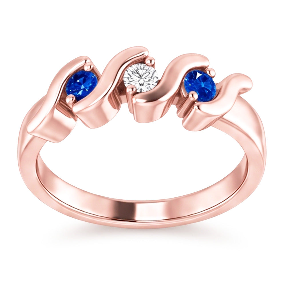 Anello 3 Pietre Diamante Zaffiro Blu 0.90 Carati Oro Rosa 14K
