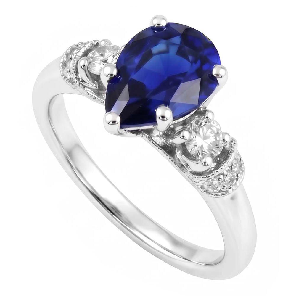 Anello 3 Pietre Stile Antico Pera Zaffiro Ceylon & Diamanti Naturali Autentici ( non creati in laboratorio ) 2 Carati