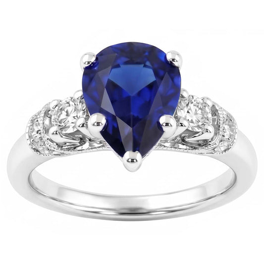 Anello 3 Pietre Stile Antico Pera Zaffiro Ceylon & Diamanti Naturali Autentici ( non creati in laboratorio ) 2 Carati