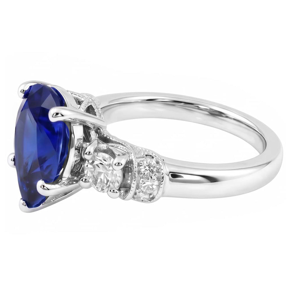 Anello 3 Pietre Stile Antico Pera Zaffiro Ceylon & Diamanti Naturali Autentici ( non creati in laboratorio ) 2 Carati