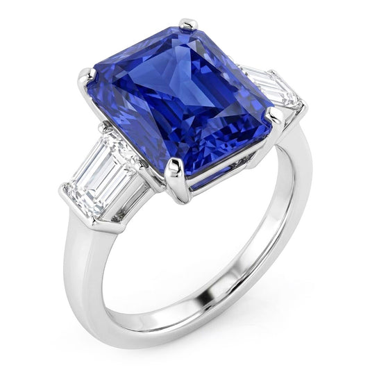 Anello 3 Pietre Zaffiro Radiante & Diamanti Naturali Autentici ( non creati in laboratorio ) Baguette 4 Carati Oro Bianco