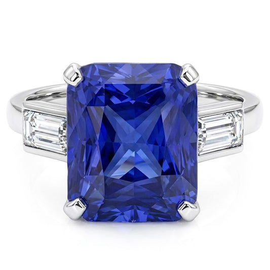 Anello 3 Pietre Zaffiro Radiante & Diamanti Naturali Autentici ( non creati in laboratorio ) Baguette 4 Carati Oro Bianco
