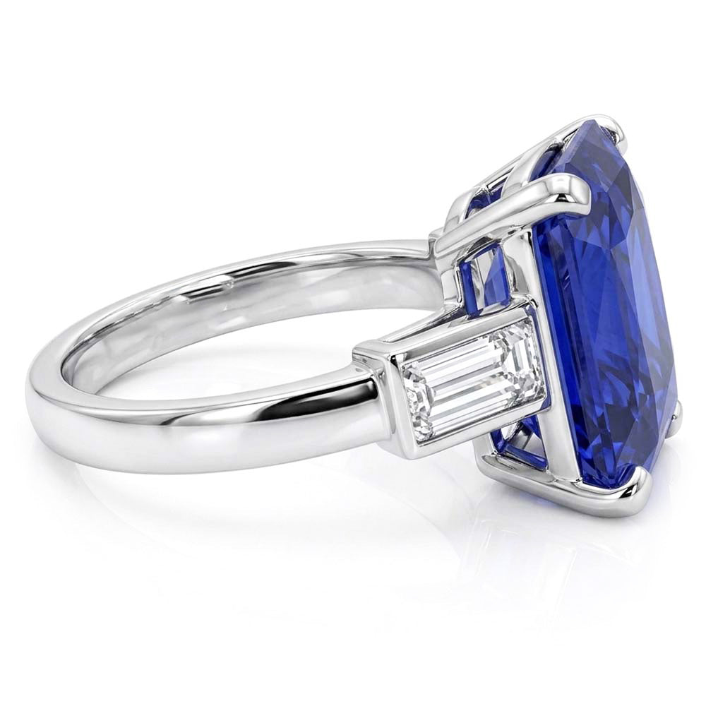 Anello 3 Pietre Zaffiro Radiante & Diamanti Naturali Autentici ( non creati in laboratorio ) Baguette 4 Carati Oro Bianco