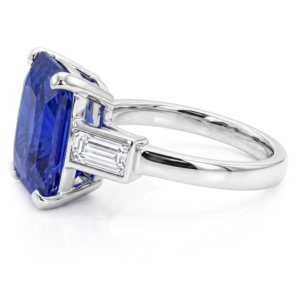 Anello 3 Pietre Zaffiro Radiante & Diamanti Naturali Autentici ( non creati in laboratorio ) Baguette 4 Carati Oro Bianco