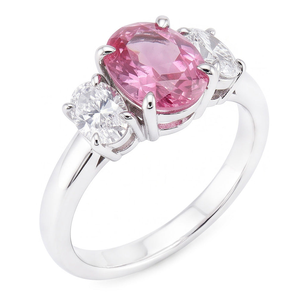 Anello 3 Pietre Zaffiro Rosa Con Diamanti Naturali Autentici ( non creati in laboratorio ) 3.50 Carati Oro Bianco 14K