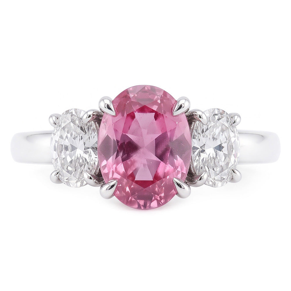 Anello 3 Pietre Zaffiro Rosa Con Diamanti Naturali Autentici ( non creati in laboratorio ) 3.50 Carati Oro Bianco 14K