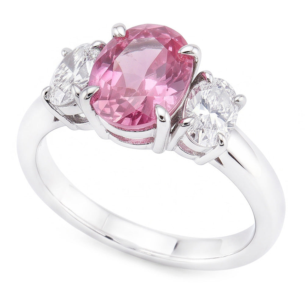 Anello 3 Pietre Zaffiro Rosa Con Diamanti Naturali Autentici ( non creati in laboratorio ) 3.50 Carati Oro Bianco 14K