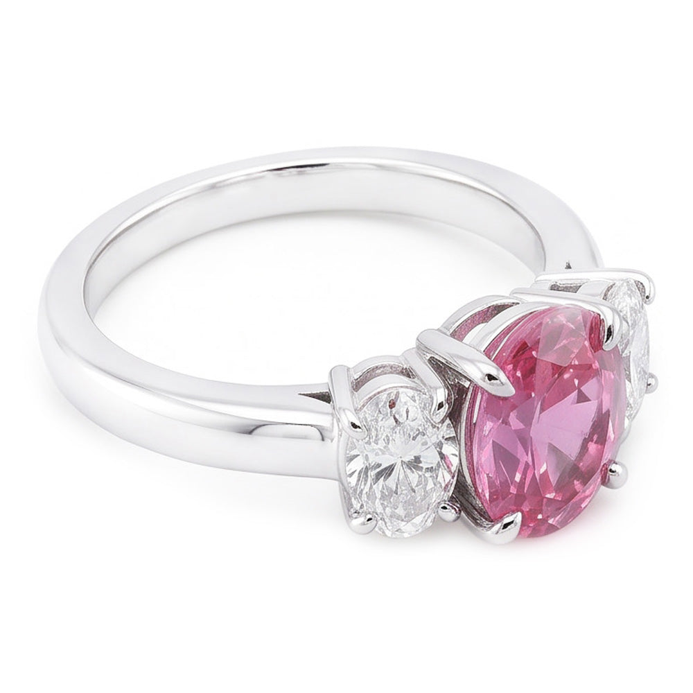 Anello 3 Pietre Zaffiro Rosa Con Diamanti Naturali Autentici ( non creati in laboratorio ) 3.50 Carati Oro Bianco 14K